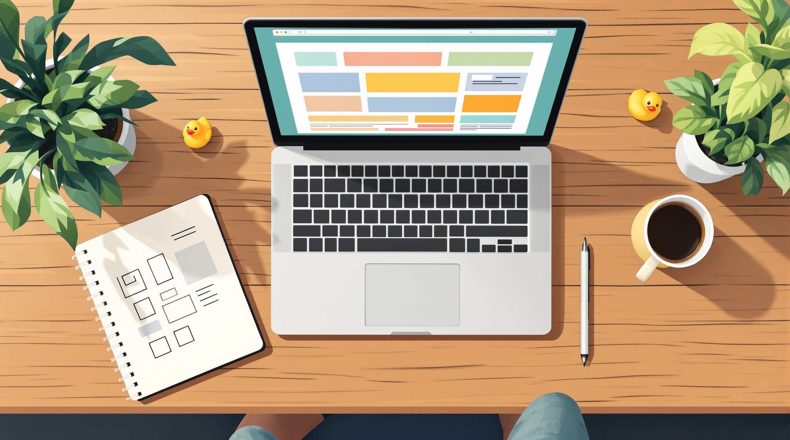 A tidy desk with a laptop showing an abstract website layout, a wireframe notebook, and a small duck mascot